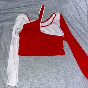 Asymmetrical Neck Two Tone Crop Top Tee Red/White